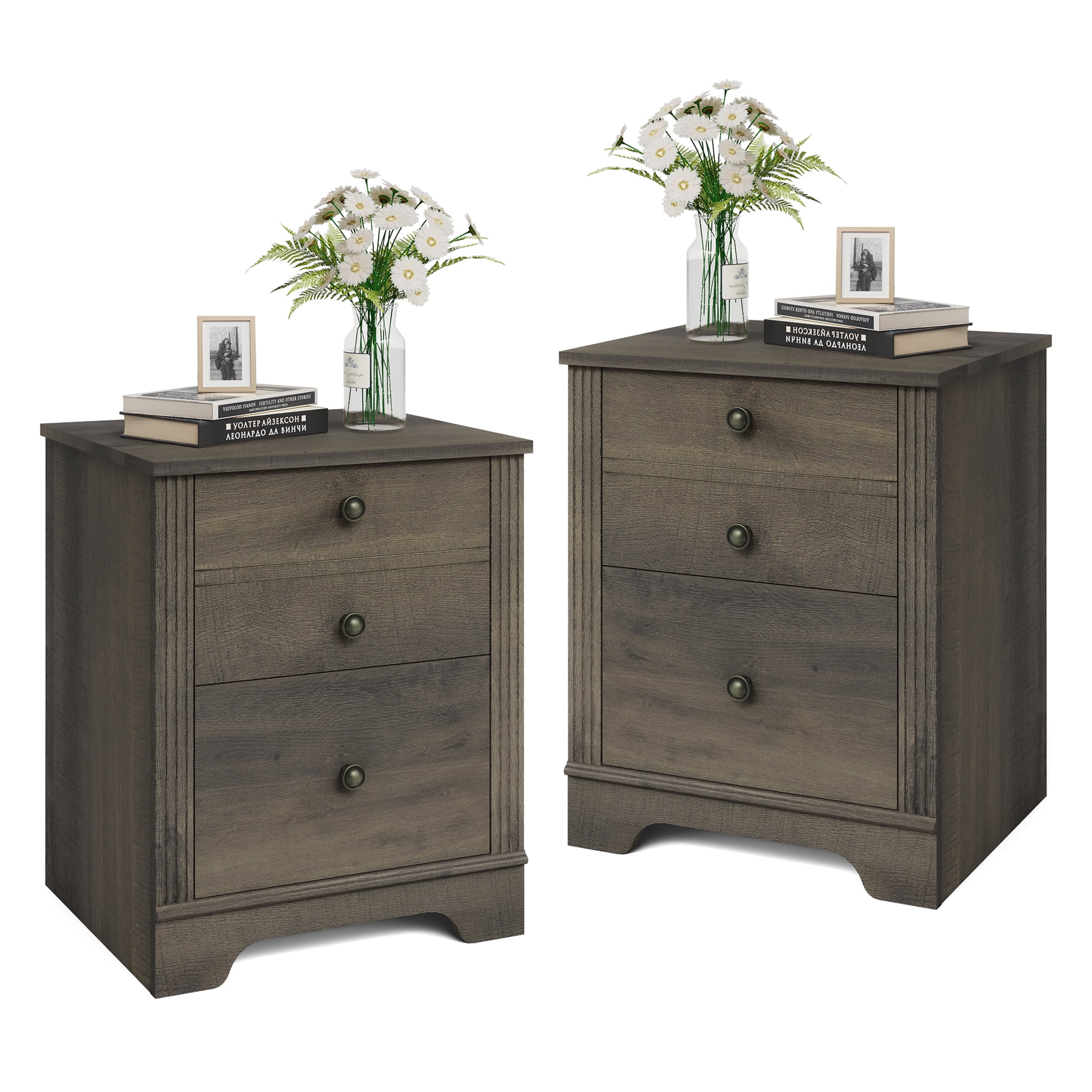 Set of 2 End Tables with 2 Drawers, Grayish Brown Wood Sofa Side Tables with Storage for Living Room