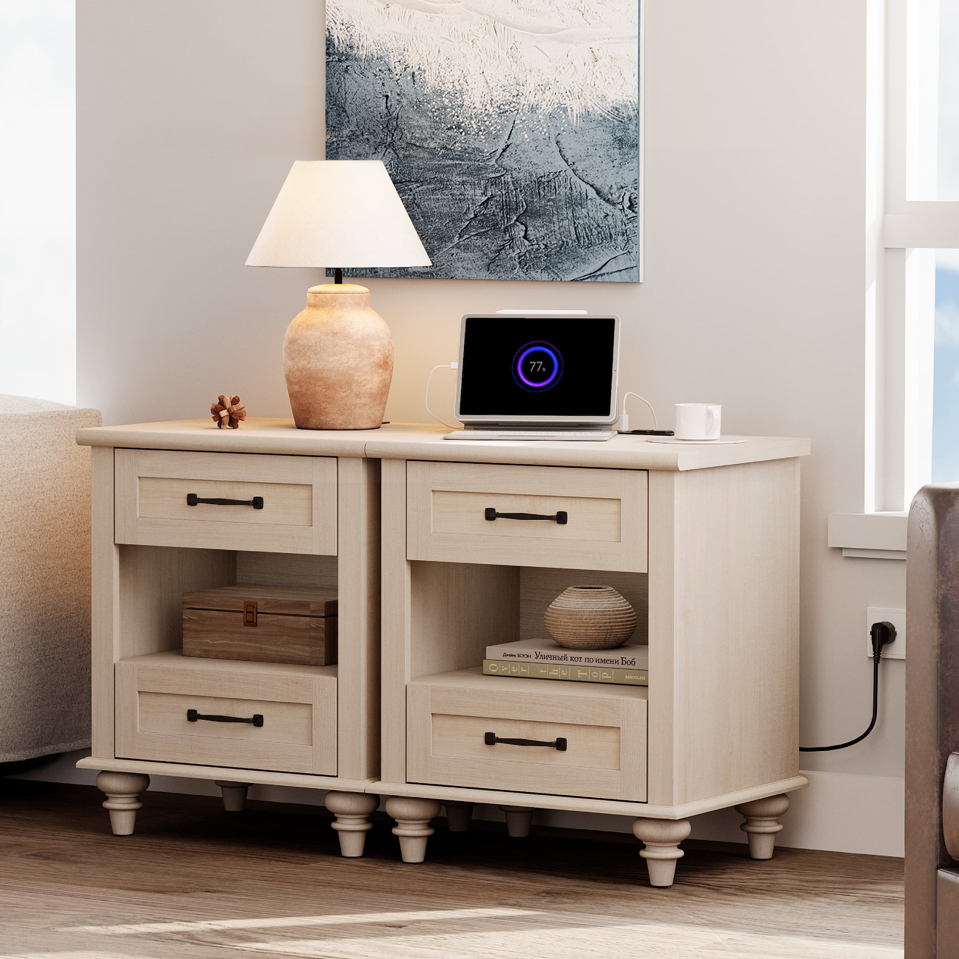 Set of 2 End Tables with 2 Drawers & Open Shelf, Beige Side Table Nightstand with Charging Station for Living Room & Bedroom