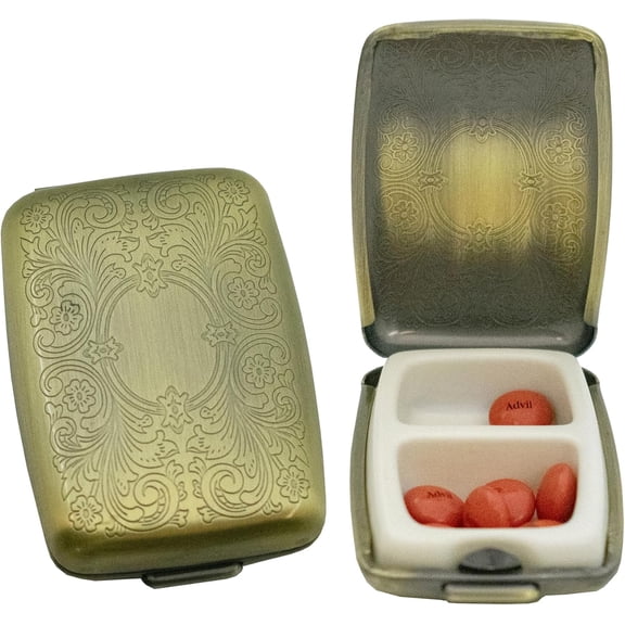 Set of 2 Etched Rectangular Pocket Purse Pill Box & Organizer With Dual Compartments (Victorian - Antique Brass)