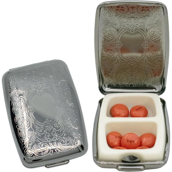 Set of 2 Etched Rectangular Pocket Purse Pill Box & Organizer With Dual Compartments (Victorian - Pewter)