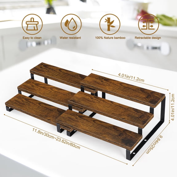 Set of 2 Expandable 3-Tier Spice Rack, Rustic Burnt Wood Step Shelf Organizer for Kitchen Countertop, Bathroom, Makeup Storage