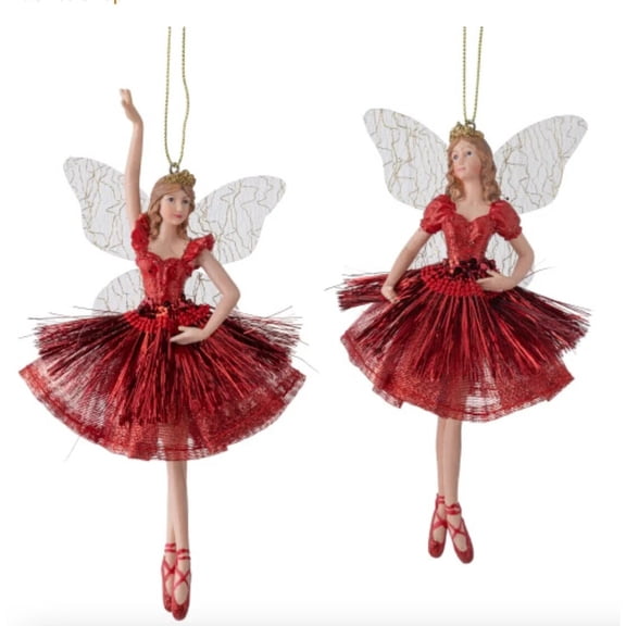 Set of 2 FAIRY BALLERINA IN RED Christmas Ornaments, by Silver Tree