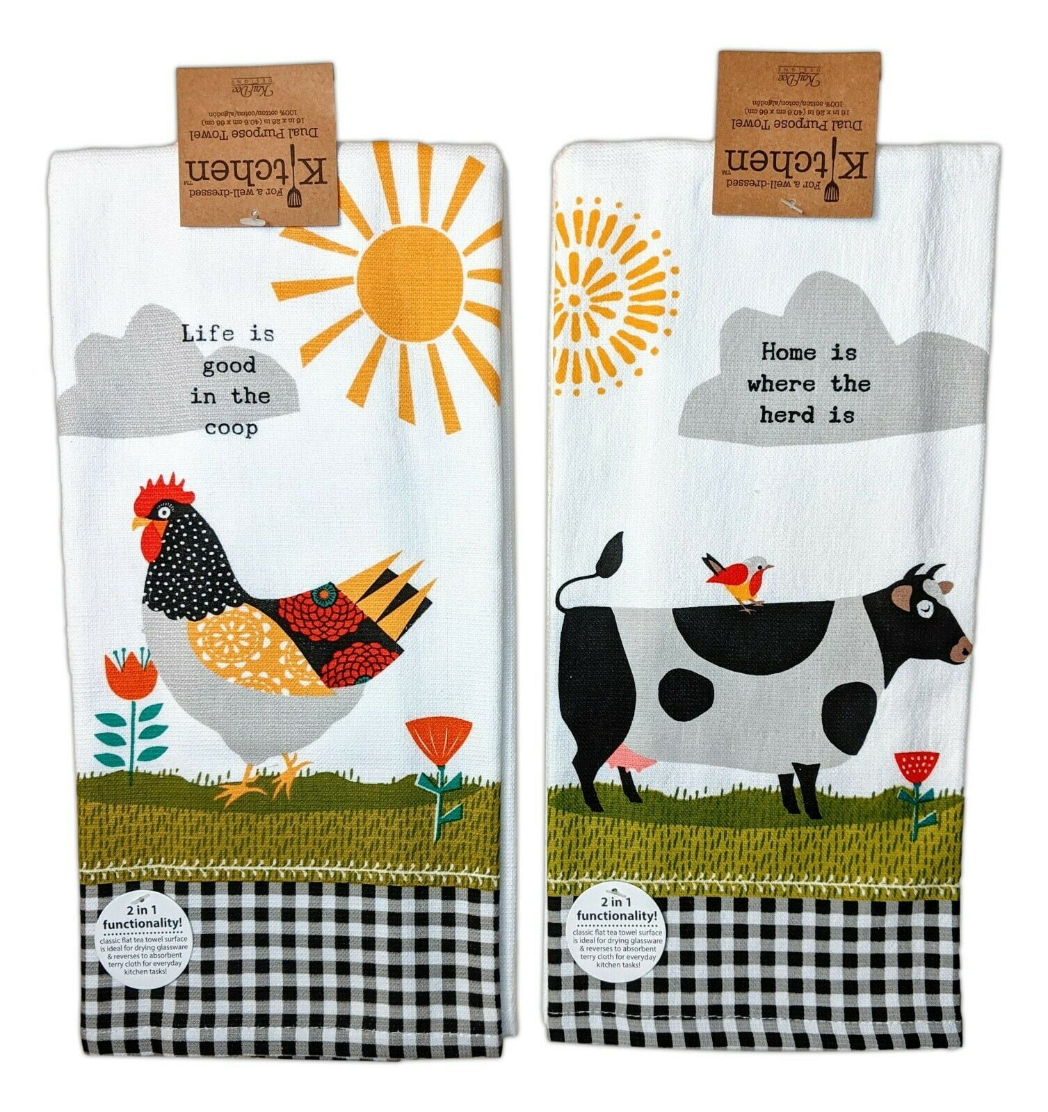 Set of 2 FARM CHARM Chicken & Cow Terry Kitchen Towels by Kay Dee Designs