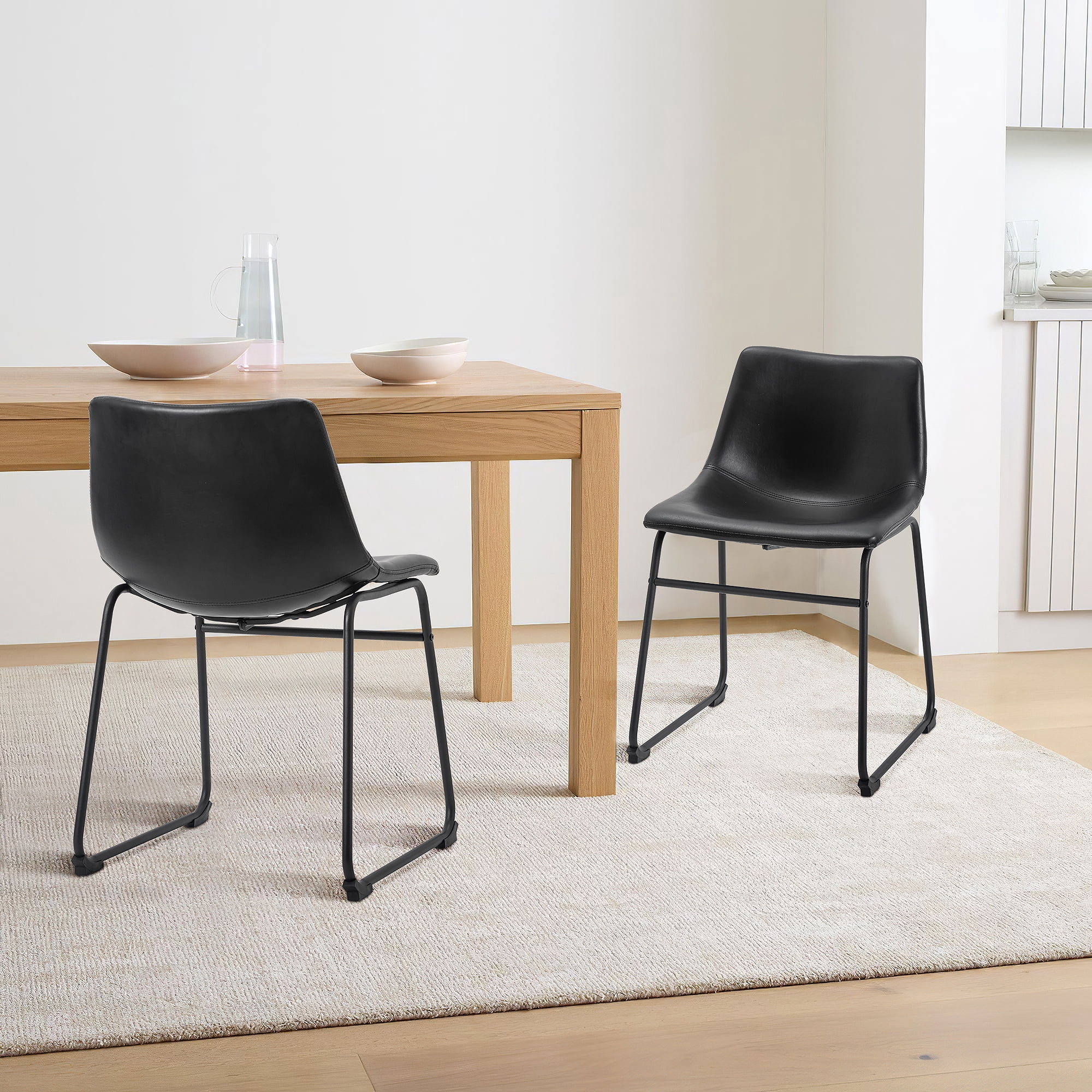 Set of 2 Fabric Bar Stools Low Back Counter Height Bar Stool with Leather Pub Chairs Height 29" Black