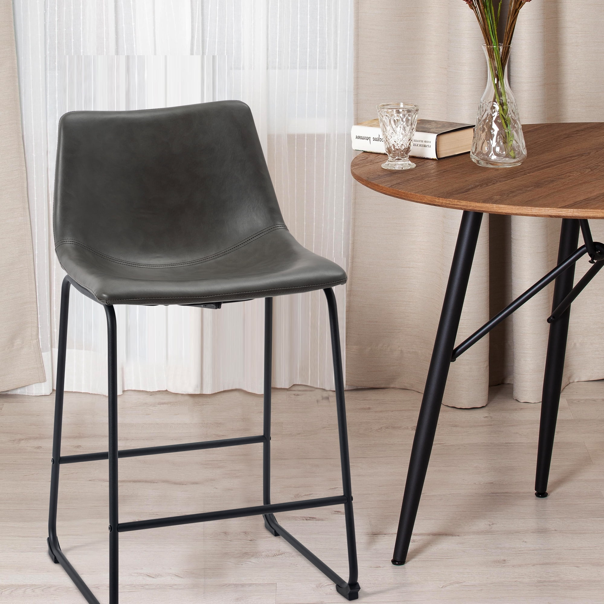 Set of 2 Fabric Bar Stools Low Back Counter Height Bar Stool with Leather Pub Chairs Height 34" Grey