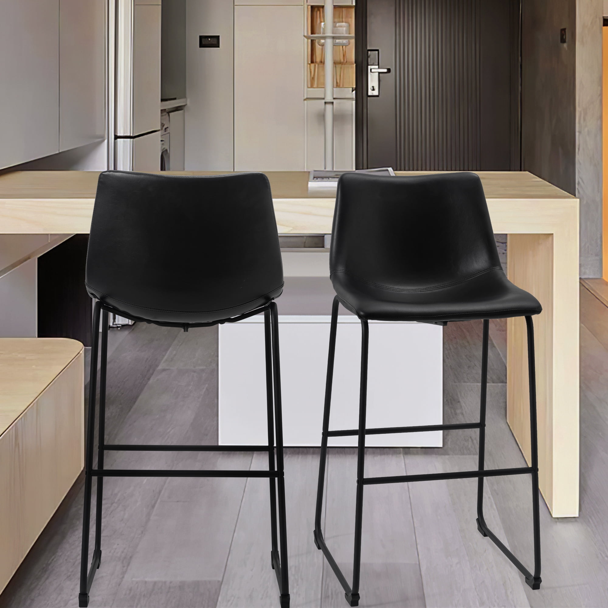 Set of 2 Fabric Bar Stools Low Back Counter Height Bar Stool with Leather Pub Chairs Height 39" Black