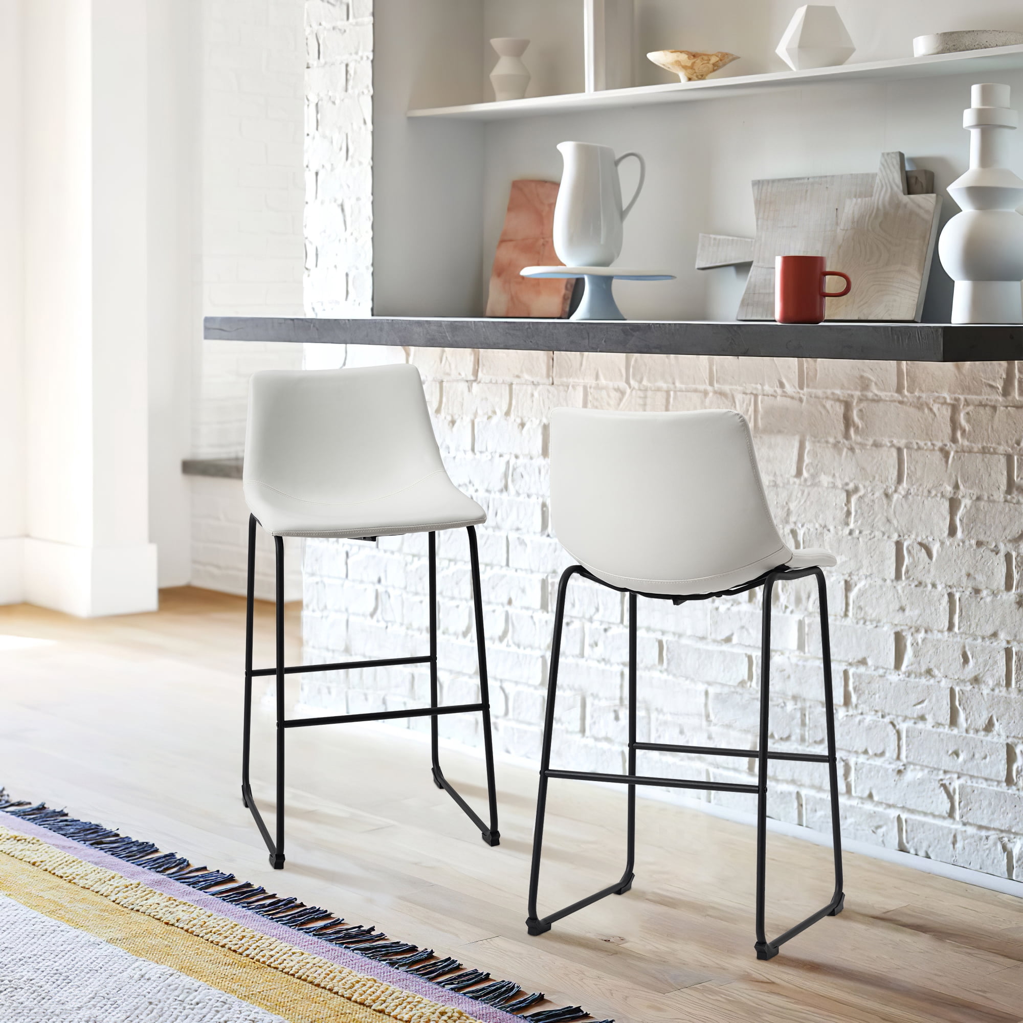 Set of 2 Fabric Bar Stools Low Back Counter Height Bar Stool with Leather Pub Chairs Height 39" White