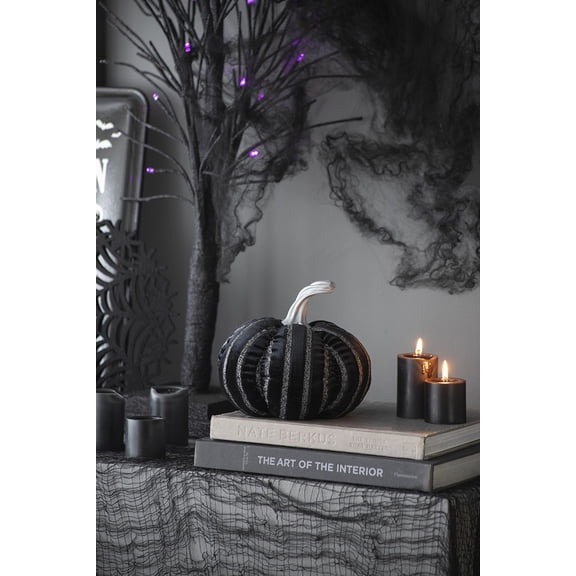 Set of 2 Fabric Black Stripe Pumpkins, 7" Halloween Decor for Seasonal Home Tabletop Shelf Centerpiece Farmhouse Style
