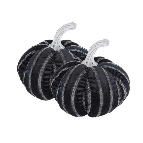 Set of 2 Fabric Black Striped Pumpkin Decor, 7x7x7 Inch Halloween Tabletop Pumpkin Ornament for Holiday Indoor Home Decor