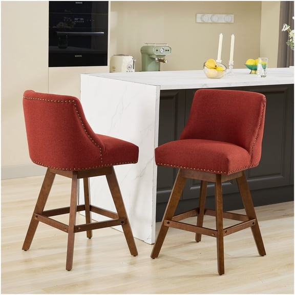 Set of 2 Fabric Swivel Bar Stools, 26 Inch Counter Height Wine Red Upholstered Barstools with Curved Back