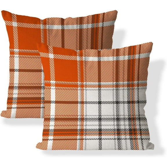 Set of 2 Fall Pillow Covers Autumn Decorative Throw Pillow Cases 16x16 Inch Orange Plaids Cushion Covers Faux Linen,Farmhouse,Thanksgiving,Home Décor