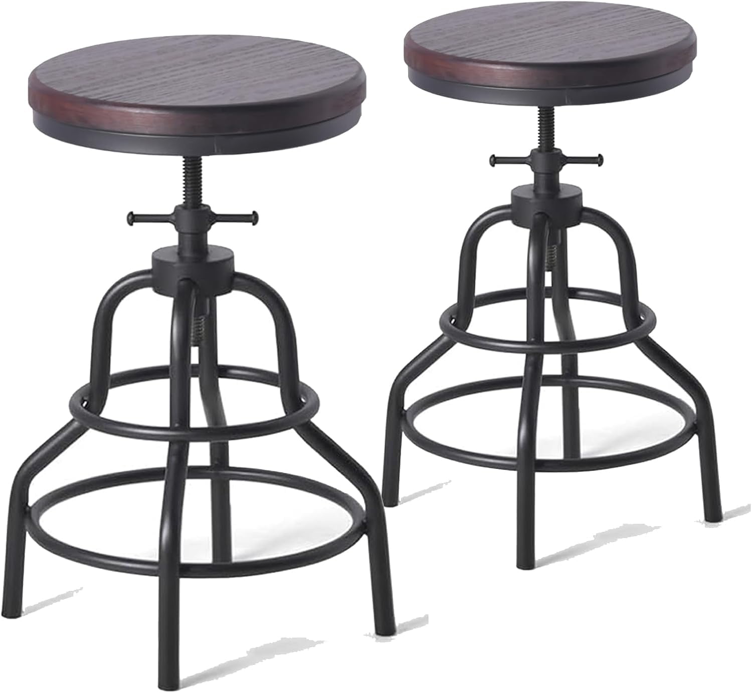 Set Of 2 Industrial Bar Stools With Backrest - Adjustable Height 24.4-30.3", Swivel Seat, Pine Wood Top, Metal Frame, For Kitchen Island, Counter