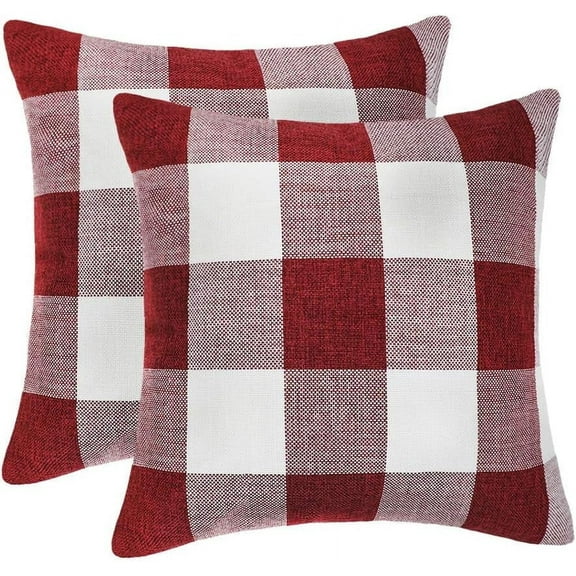 Set of 2 Farmhouse Buffalo Check Plaid Throw Pillow Covers Cushion Case Polyester Linen for Christmas Home Decor Red and White, 18 x 18 Inches