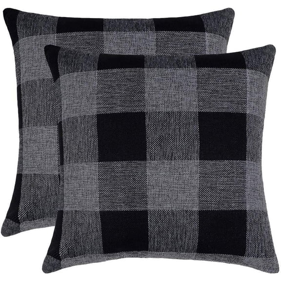 Set of 2 Farmhouse Buffalo Check Plaid Throw Pillow Covers Cushion Case Polyester Linen for Home Decor Navy Black Grey, 20 x 20 Inches