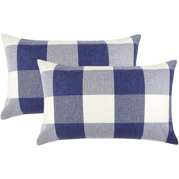 Set of 2 Farmhouse Buffalo Check Plaid Throw Pillow Covers Cushion Case Polyester Linen for Summer Home Decor Navy Blue and White, 12 x 20 Inches