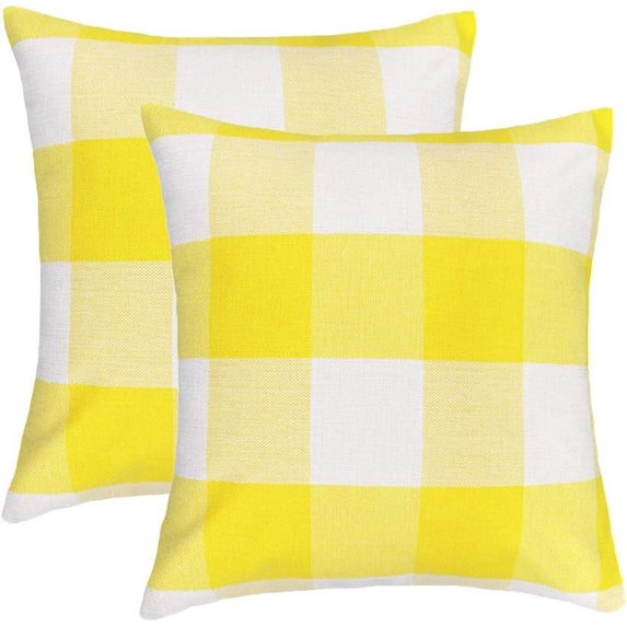 Set of 2 Farmhouse Buffalo Check Plaid Throw Pillow Covers Cushion Case Polyester Linen for Summer Home Decor Yellow and White, 16 x 16 Inches