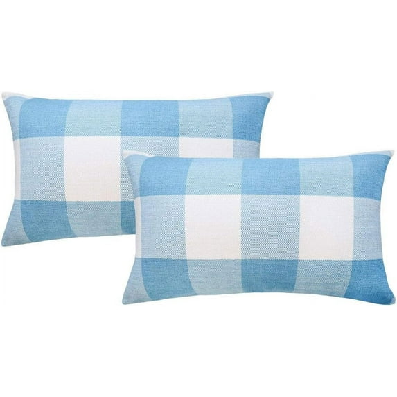 Set of 2 Farmhouse Buffalo Check Plaid Throw Pillow Covers - Sky Blue and White Polyester Linen, 12x20 Inches, Perfect for Summer Home Decor