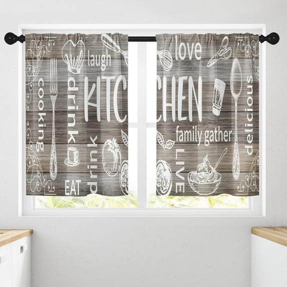 Set of 2 Farmhouse Kitchen Curtains Country Brown Wooden Window Short Tier Curtains Over Sink, White Doodle Rustic Vintage Small Kitchen Decor