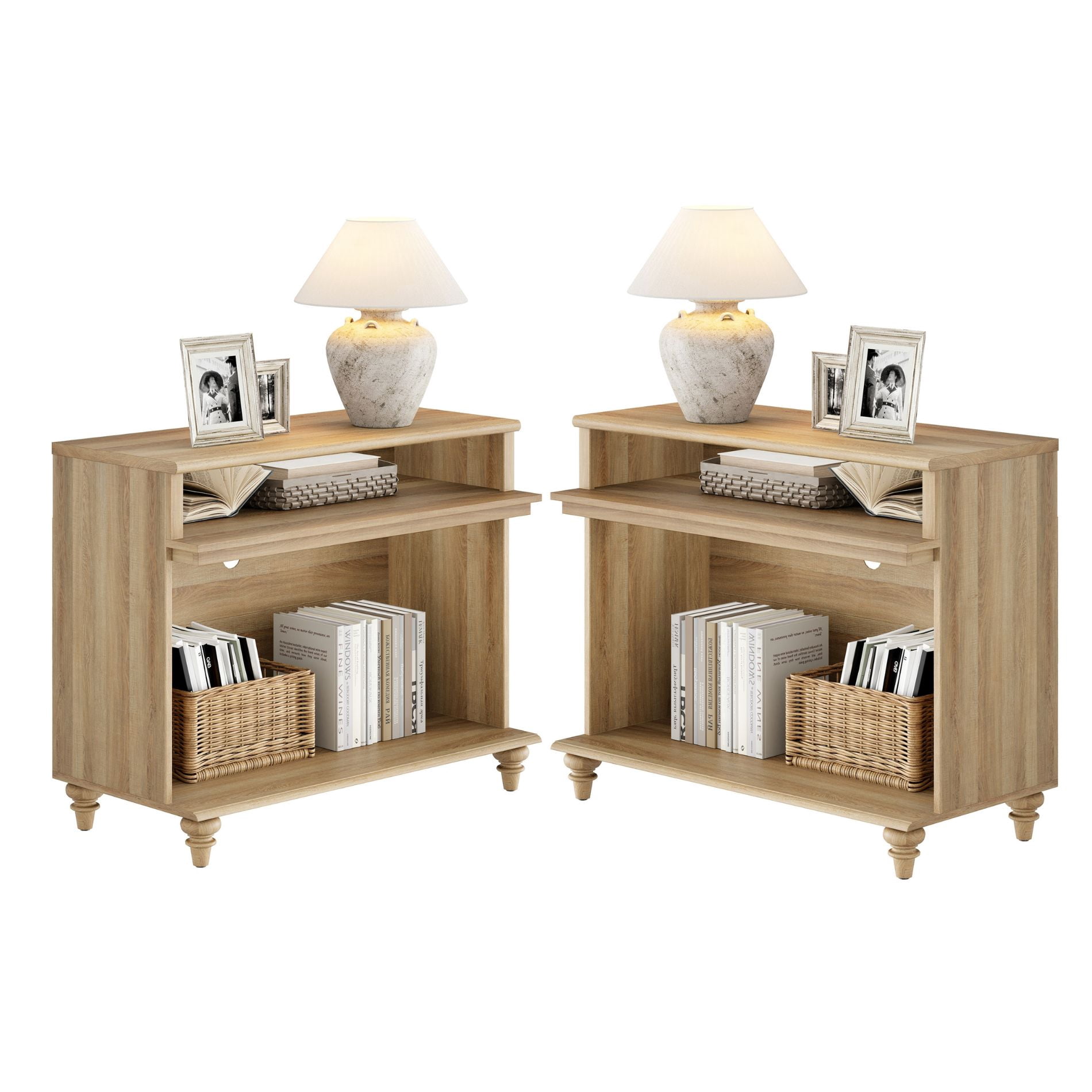 Set of 2 Farmhouse Large Nightstand, Large Bedside Table Night Stand with 2 Storages, Tall Side Table for Living Room, Bedroom, Oak