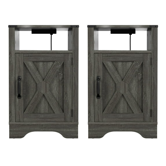 JAMPOOCA Farmhouse Nightstand with Charging Station, Set of 2, Dark Gray