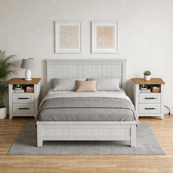 Set of 2 Farmhouse Nightstand with Charging Station – 2 Drawers & Open Shelf, USB/Type-C/AC Outlets, End Table for Bedroom, Living Room