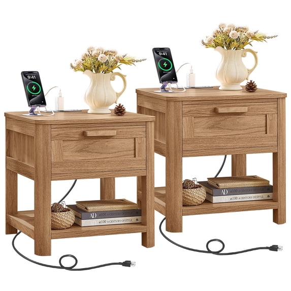Set of 2 Farmhouse Nightstand with Charging Station for Bedroom, Rustic End Table with Drawer & Storage Shelf, Dark Wood
