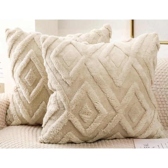 Set of 2 Faux Fur Cream White Throw Pillow Covers 18x18,Soft Checkborad Pattern Decorative Boho Pillow Cover