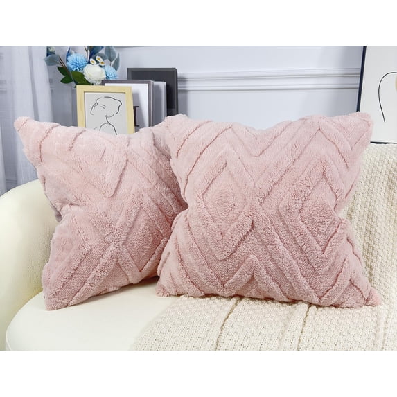 Set of 2 Faux Fur Yellow Throw Pillow Covers 18x18,Soft Checkborad Pattern Decorative Boho Pillow