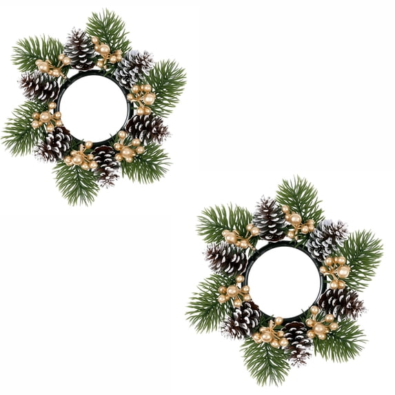 Set of 2 Faux Pine Cone Red Berry Candle Holder Wreath 7.87in Candle Ring for Christmas Desktop Holiday Decoration