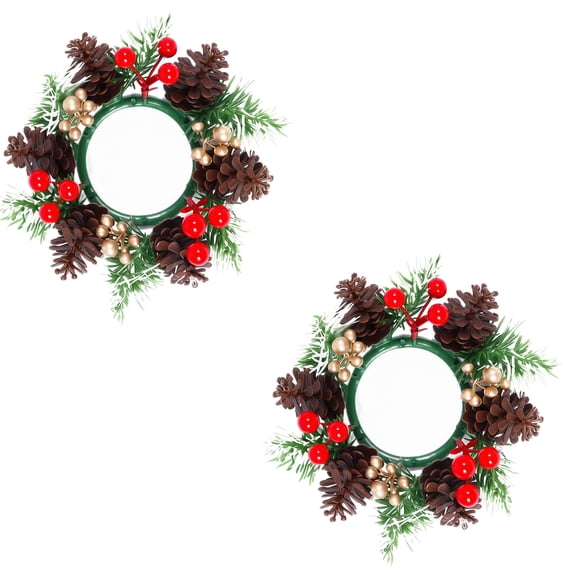 Set of 2 Faux Pine Cone Red Berry Candle Holder Wreath 7.87in Candle Ring for Christmas Desktop Holiday Decoration