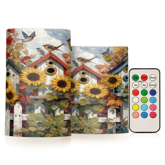 Set of 2 Flameless Candles Lights with Remote Control Flickering LED Candles Electric Candles for Home Decor Parties Birdhouses with Sunflowers