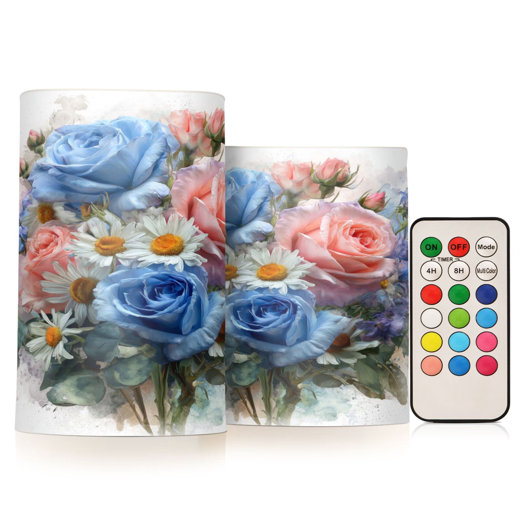 Set of 2 Flameless Candles Lights with Remote Control Flickering LED Candles Electric Candles for Home Decor Parties Blue-pink Roses and Daisies