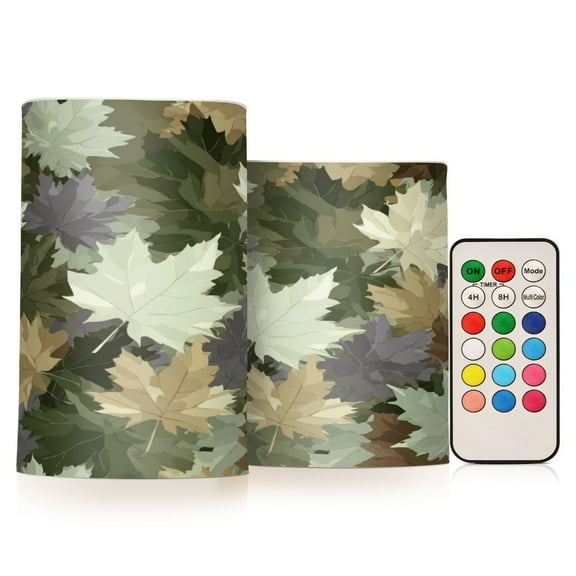 Set of 2 Flameless Candles Lights with Remote Control Flickering LED Candles Electric Candles for Home Decor Parties Camouflage Maple Leaves