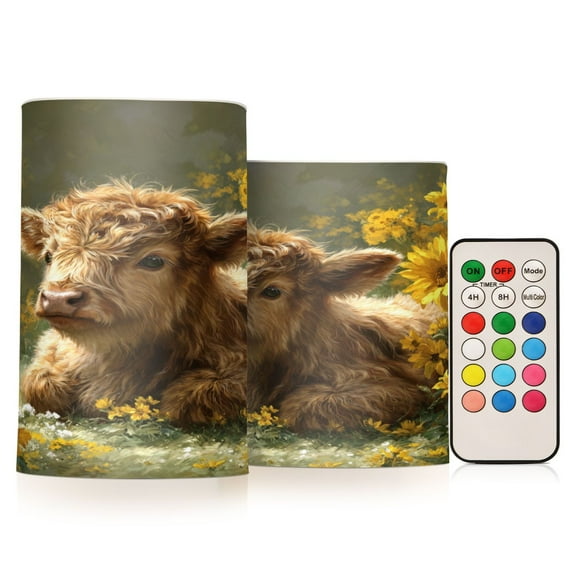 Set of 2 Flameless Candles Lights with Remote Control Flickering LED Candles Electric Candles for Home Decor Parties Cow Lying in Sunflowers