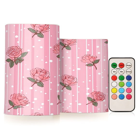 Set of 2 Flameless Candles Lights with Remote Control Flickering LED Candles Electric Candles for Home Decor Parties Cute Rose Pattern