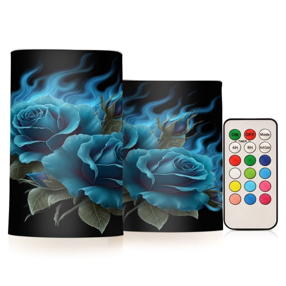 Set of 2 Flameless Candles Lights with Remote Control Flickering LED Candles Electric Candles for Home Decor Parties Eternal Blue Rose and Flame
