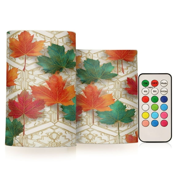 Set of 2 Flameless Candles Lights with Remote Control Flickering LED Candles Electric Candles for Home Decor Parties Green and Red Maple Leaves