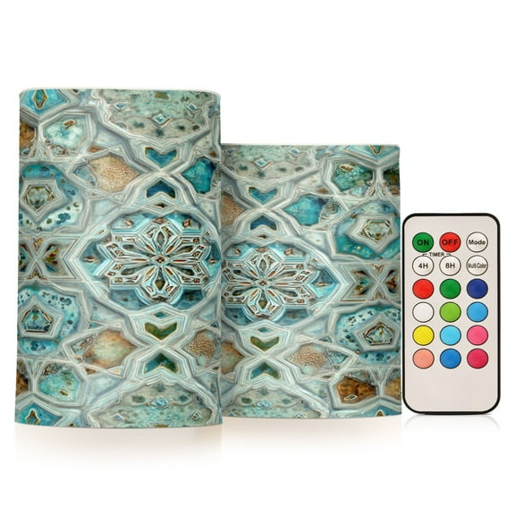 Set of 2 Flameless Candles Lights with Remote Control Flickering LED Candles Electric Candles for Home Decor Parties Intricate Pastel Blue Pattern
