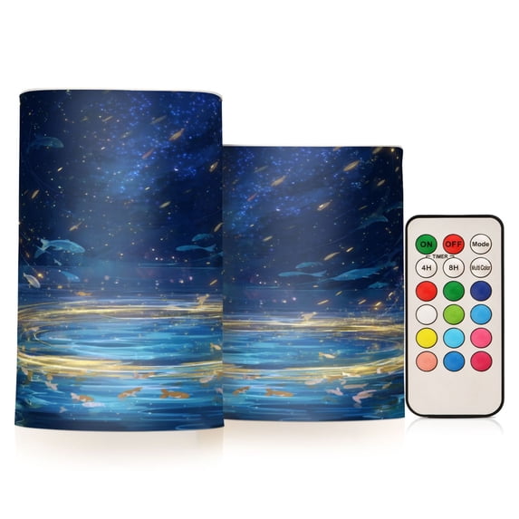 Set of 2 Flameless Candles Lights with Remote Control Flickering LED Candles Electric Candles for Home Decor Parties Magical Night Sky with Fish