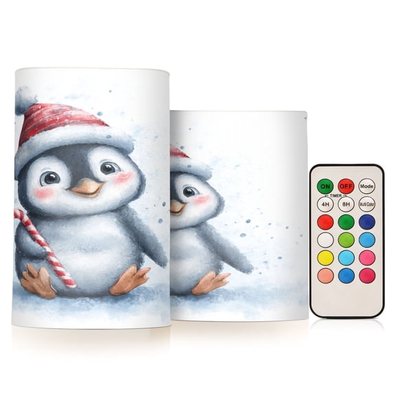 Set of 2 Flameless Candles Lights with Remote Control Flickering LED Candles Electric Candles for Home Decor Parties Penguin Holding Candy Cane