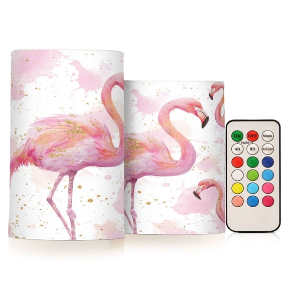 Set of 2 Flameless Candles Lights with Remote Control Flickering LED Candles Electric Candles for Home Decor Parties Pink Flamingos with Golden Dot