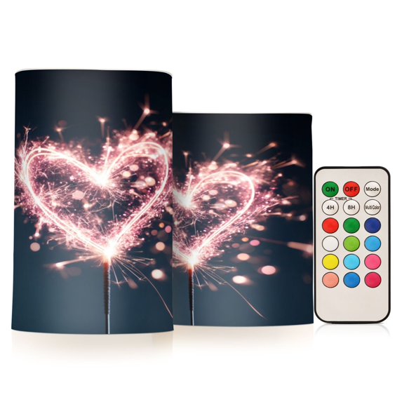 Set of 2 Flameless Candles Lights with Remote Control Flickering LED Candles Electric Candles for Home Decor Parties Pink Heart-shaped Sparkler