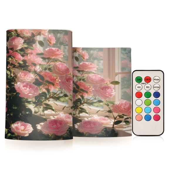 Set of 2 Flameless Candles Lights with Remote Control Flickering LED Candles Electric Candles for Home Decor Parties Pink Rose Bushes