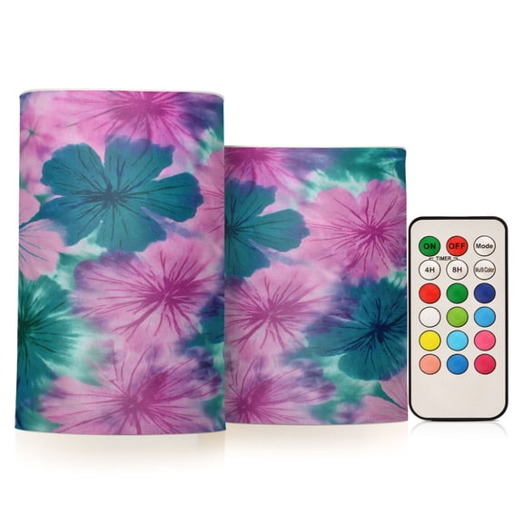 Set of 2 Flameless Candles Lights with Remote Control Flickering LED Candles Electric Candles for Home Decor Parties Pink and Teal Tie-dye
