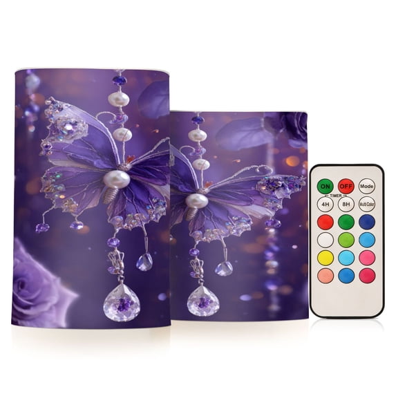 Set of 2 Flameless Candles Lights with Remote Control Flickering LED Candles Electric Candles for Home Decor Parties Purple Butterfly Pattern