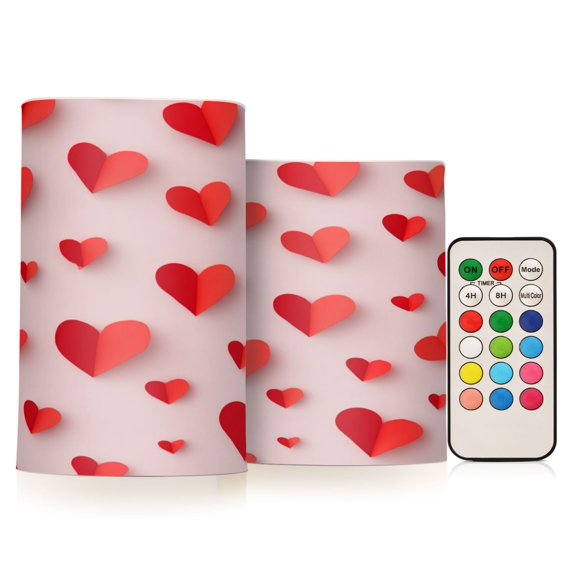 Set of 2 Flameless Candles Lights with Remote Control Flickering LED Candles Electric Candles for Home Decor Parties Red Paper Hearts
