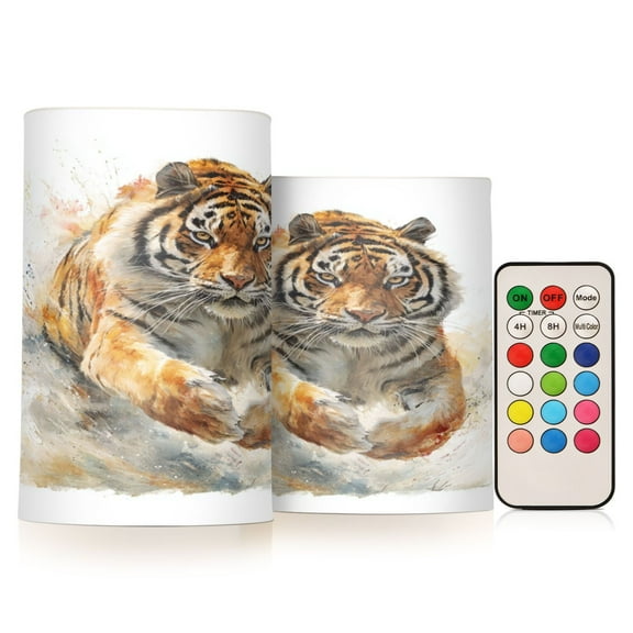 Set of 2 Flameless Candles Lights with Remote Control Flickering LED Candles Electric Candles for Home Decor Parties Tiger in Action