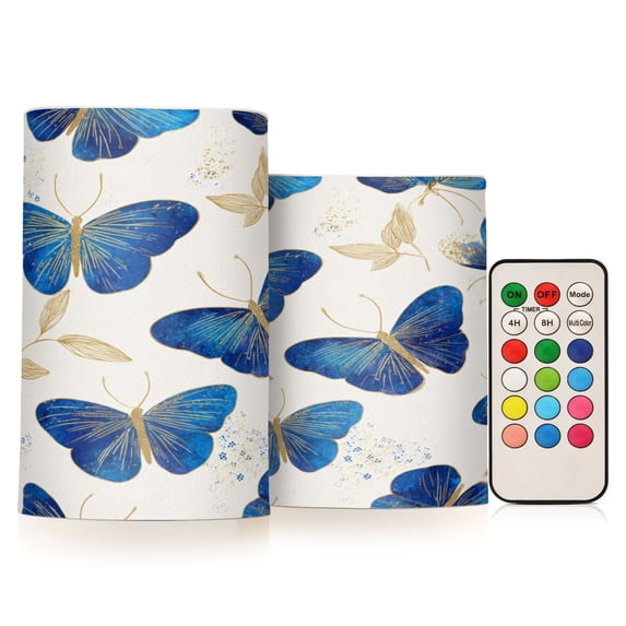 Set of 2 Flameless Candles Lights with Remote Control Flickering LED Candles Electric Candles for Home Decor Parties Watercolor Blue Butterfly
