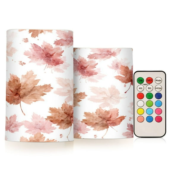 Set of 2 Flameless Candles Lights with Remote Control Flickering LED Candles Electric Candles for Home Decor Parties Watercolor Pink Maple Leaves