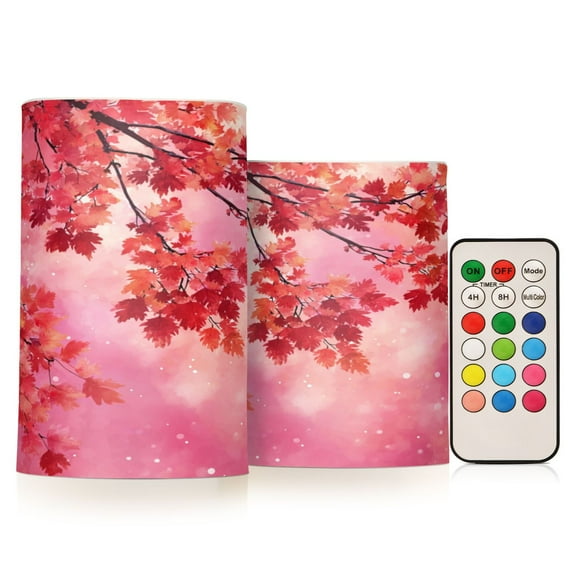 Set of 2 Flameless Candles Lights with Remote Control Flickering LED Candles Electric Candles for Home Decor Parties Watercolor Red Maple Leaves